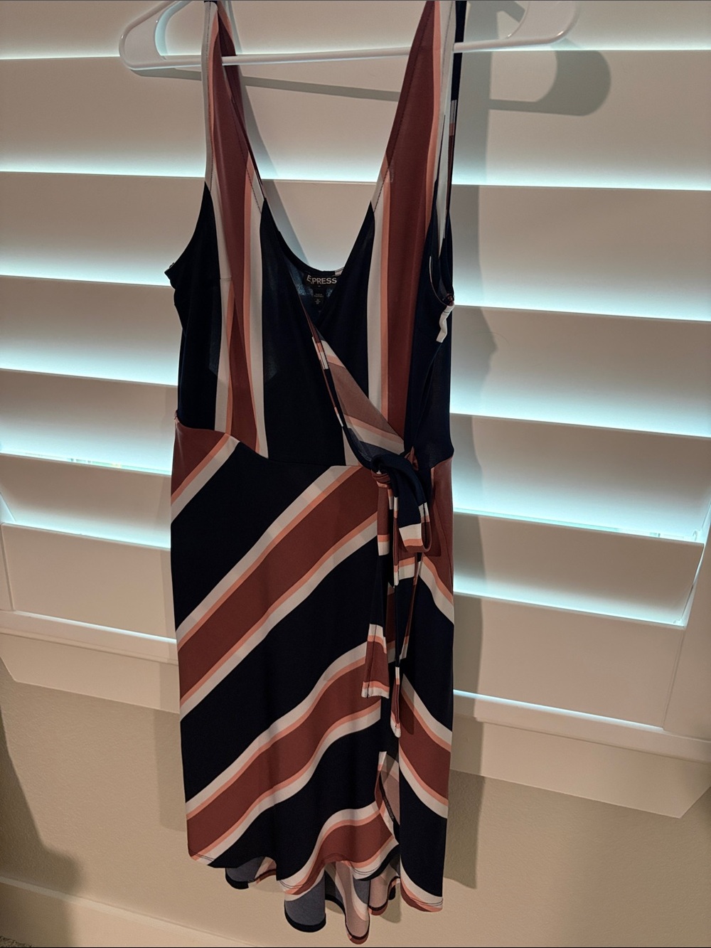 Express One-Shoulder Striped Wrap Dress in Black, Rust and Cream